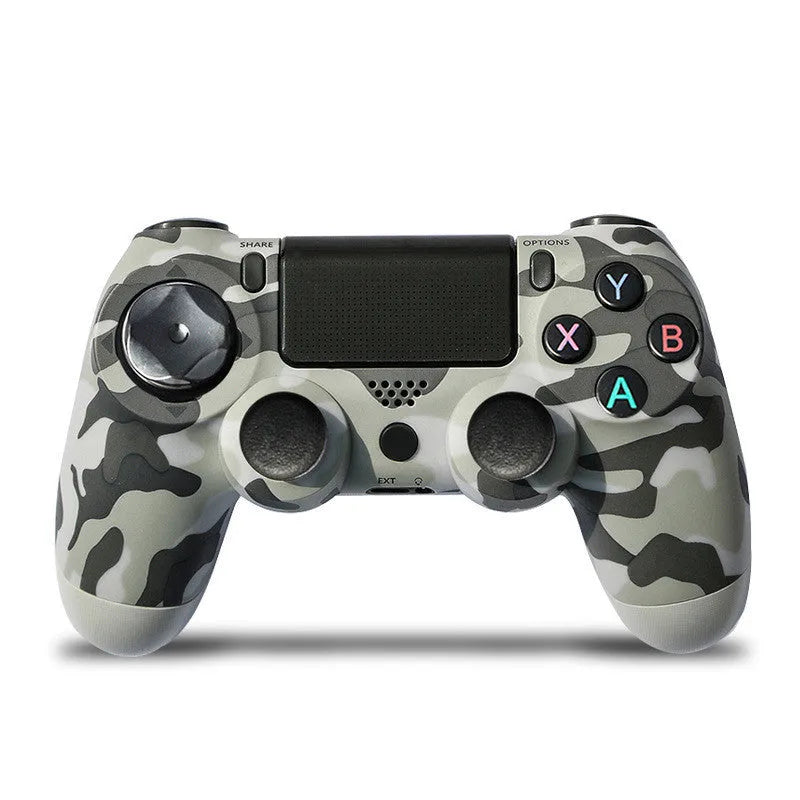 Wireless Bluetooth PS4 game controller in multiple colour options showing dual vibration function and USB port