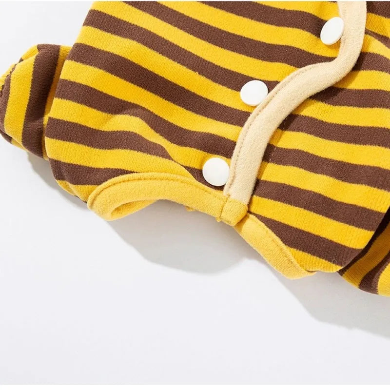 Dog pajama suit with yellowish-brown bee pattern on stripes, four-legged design, and lapel collar for small pets