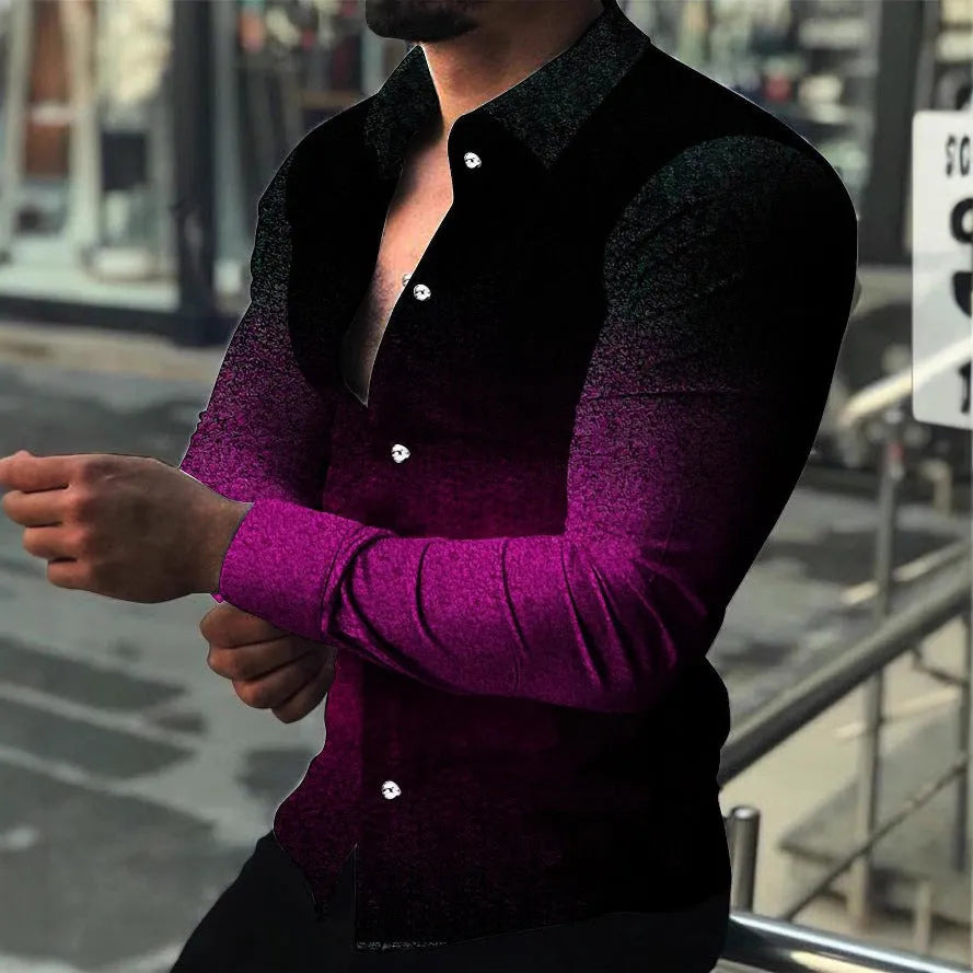 Men's slim fit long sleeve cardigan with gradient pattern in red, yellow, green, purple or blue, sizes S to XXXL