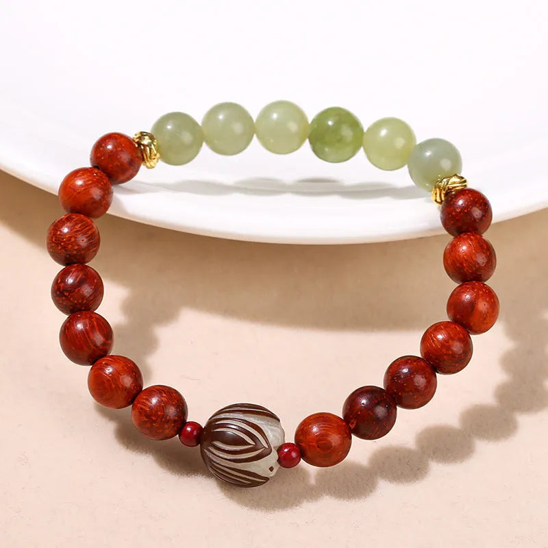 Red Rosewood and grey jade bead bracelet with Bodhi Lotus design, Chinese style for women.