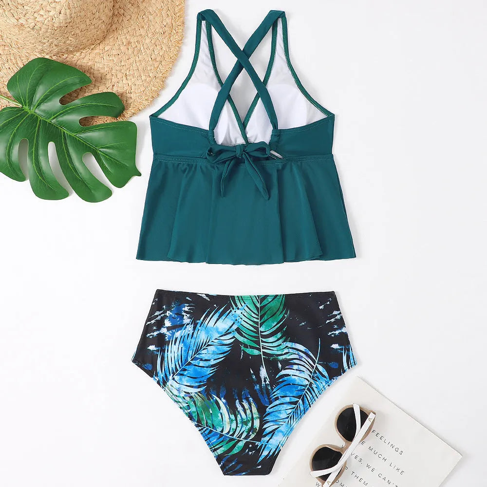 Peacock blue polyester high waist bikini set with ribbon detail on woman at beach
