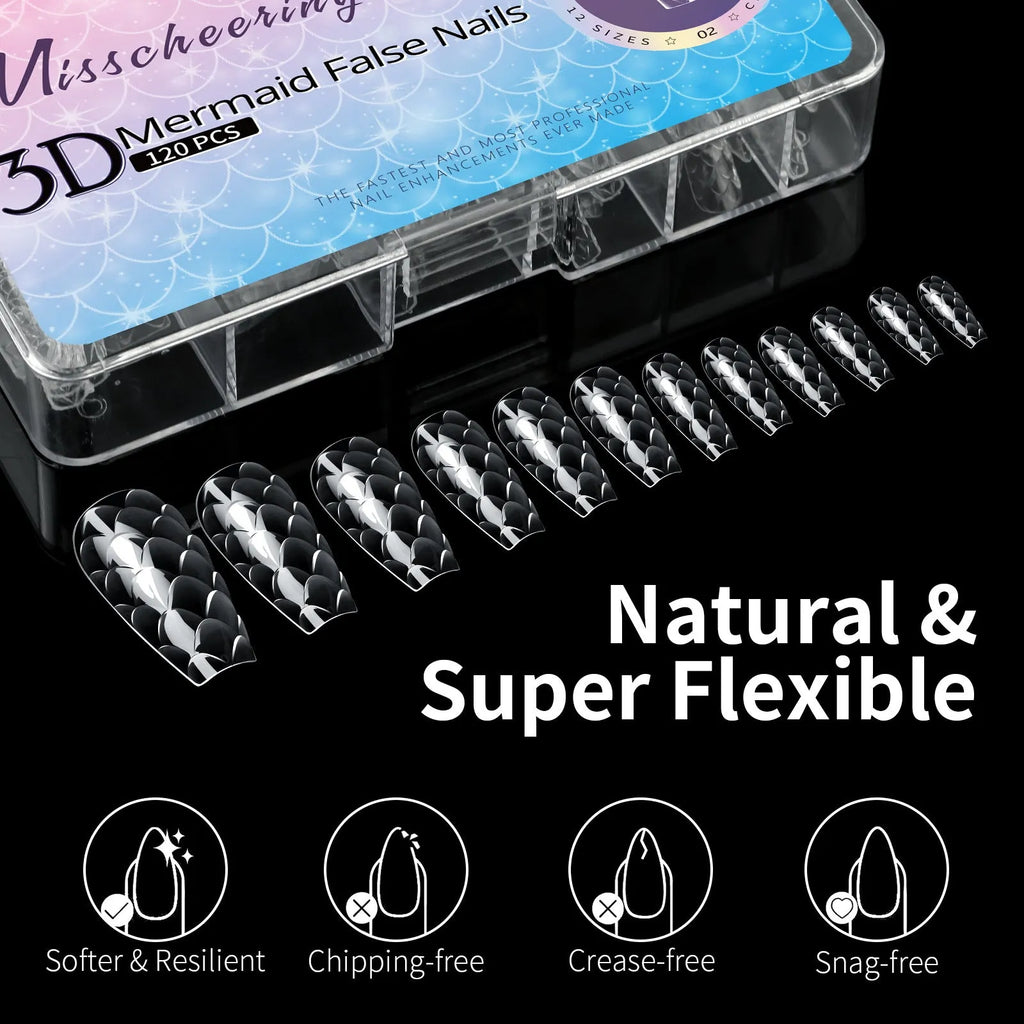 3D scale long shaping artificial nail tips with deep C-curve in Frigate Box colour options