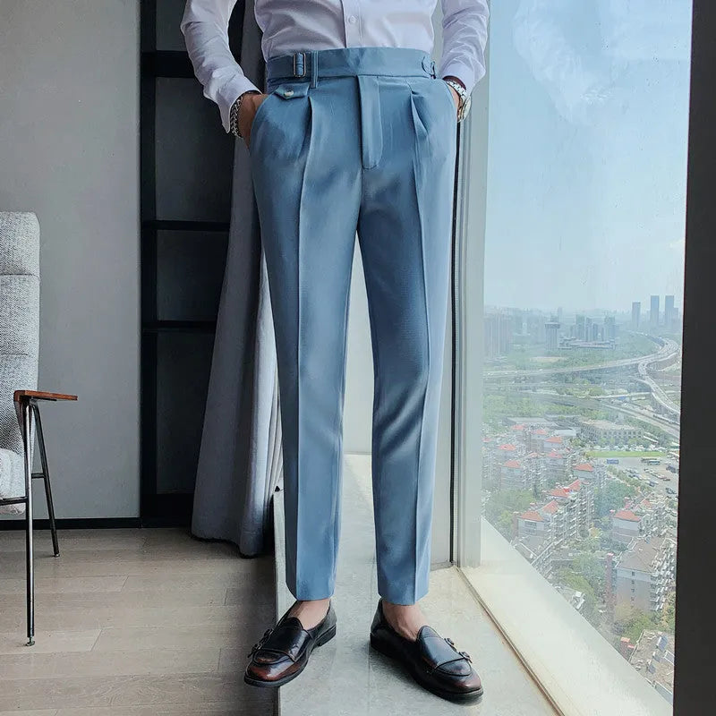 Straight-leg casual trousers in polyester fabric shown in a solid colour on a model.