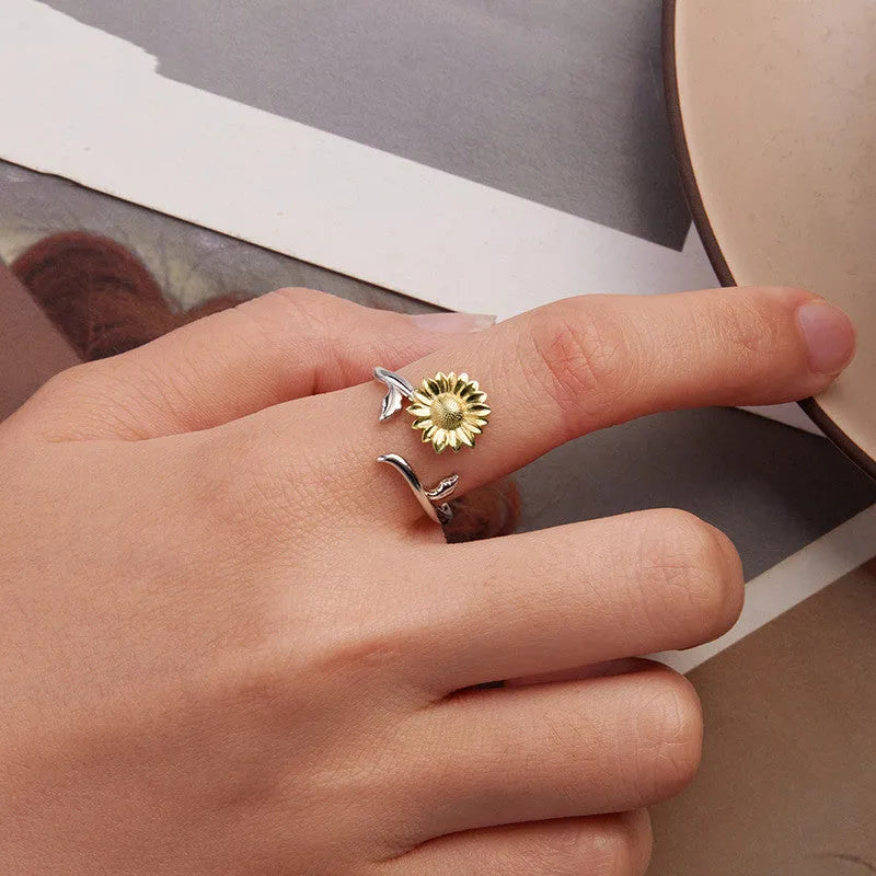 S925 sterling silver sunflower ring with adjustable opening in pastoral style for women