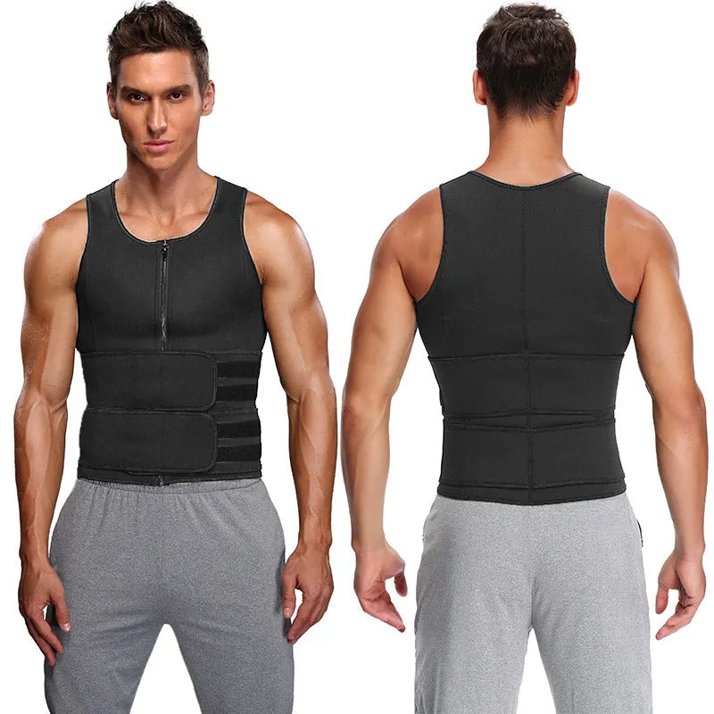 Men's double-belt waist trainer vest in black neoprene, front view, showing adjustable belts