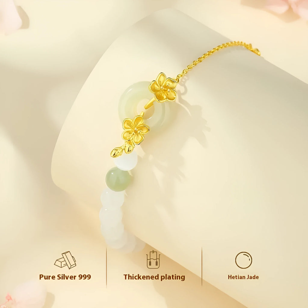 Pure silver peach blossom and safety buckle bracelet for women in New Chinese style, shown in electroplated gold tone.