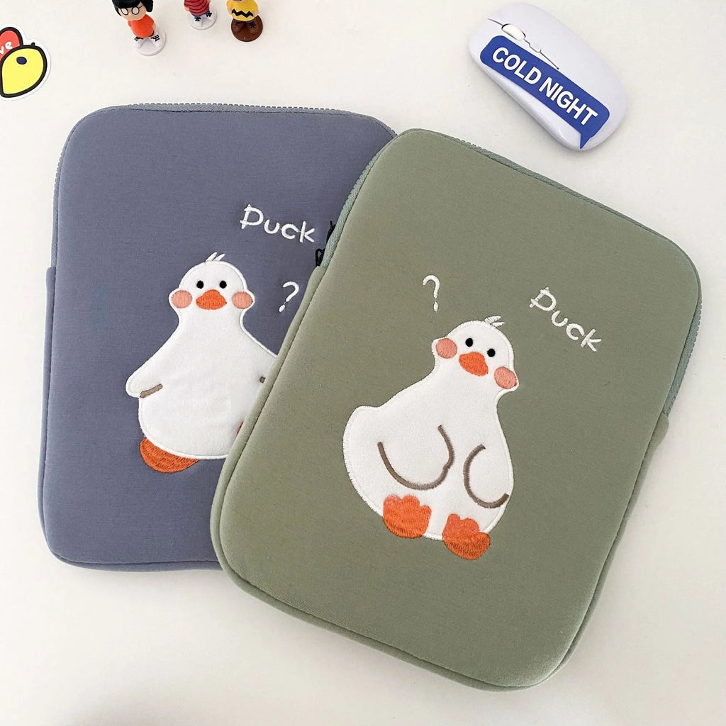 Blue cotton tablet case with duck embroidery, zipper closure, and 11inch to 15to16inch size options