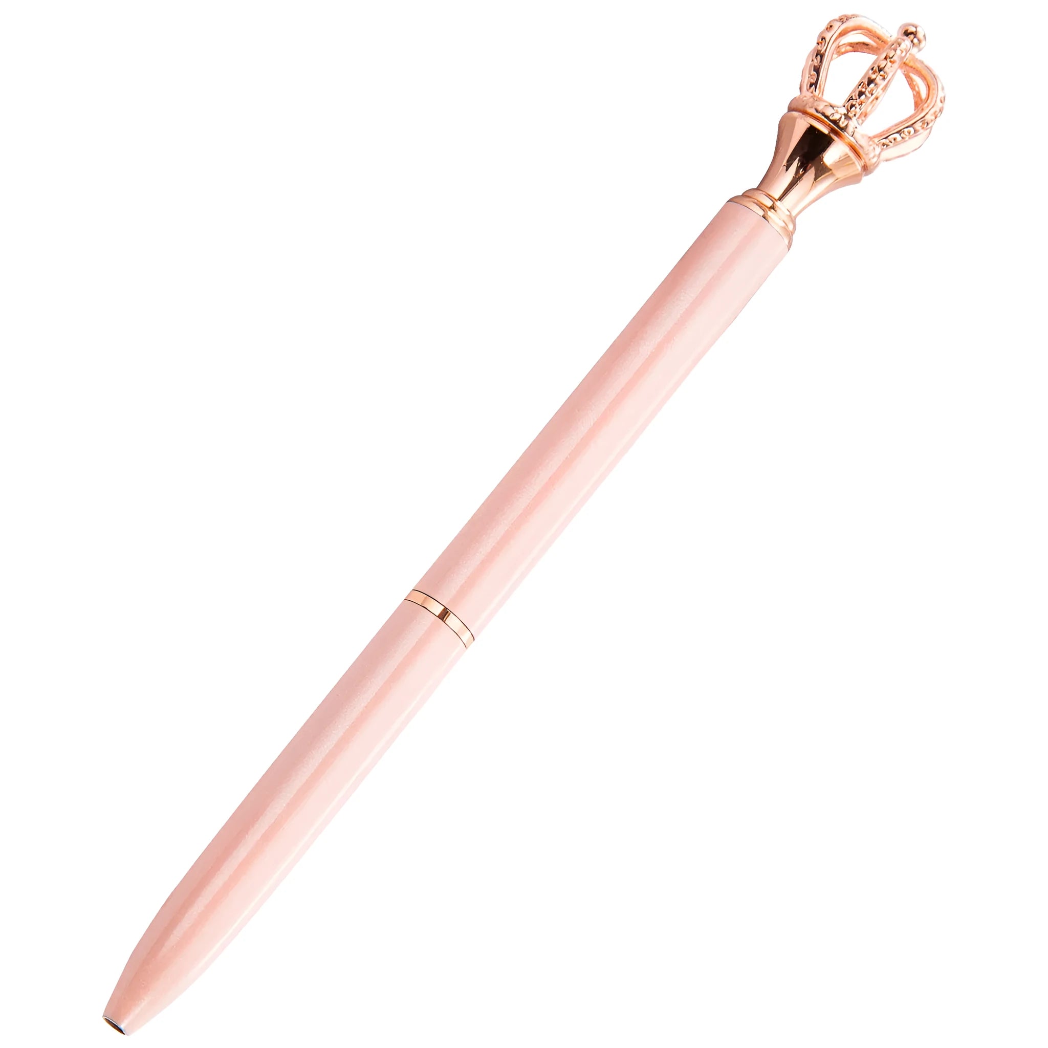 Crown band diamond metal ballpoint pen in gold colour with rotating mechanism on a white background