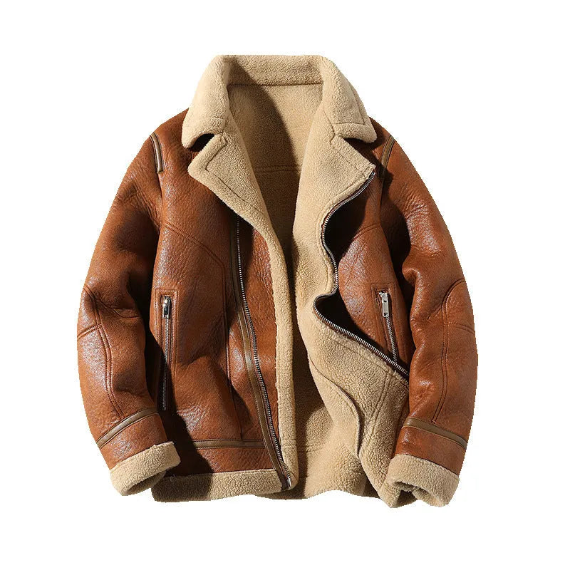 Fleece-lined plus size leather coat with faux fur trim in camel colour, front view