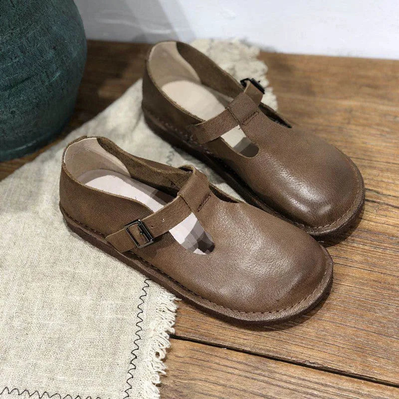 Women's genuine leather flat shoes, low 1-3cm heel, round toe, black or coffee, sizes 35-40