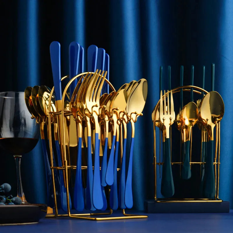 24-piece gold stainless steel cutlery set with knives, forks, spoons and storage rack
