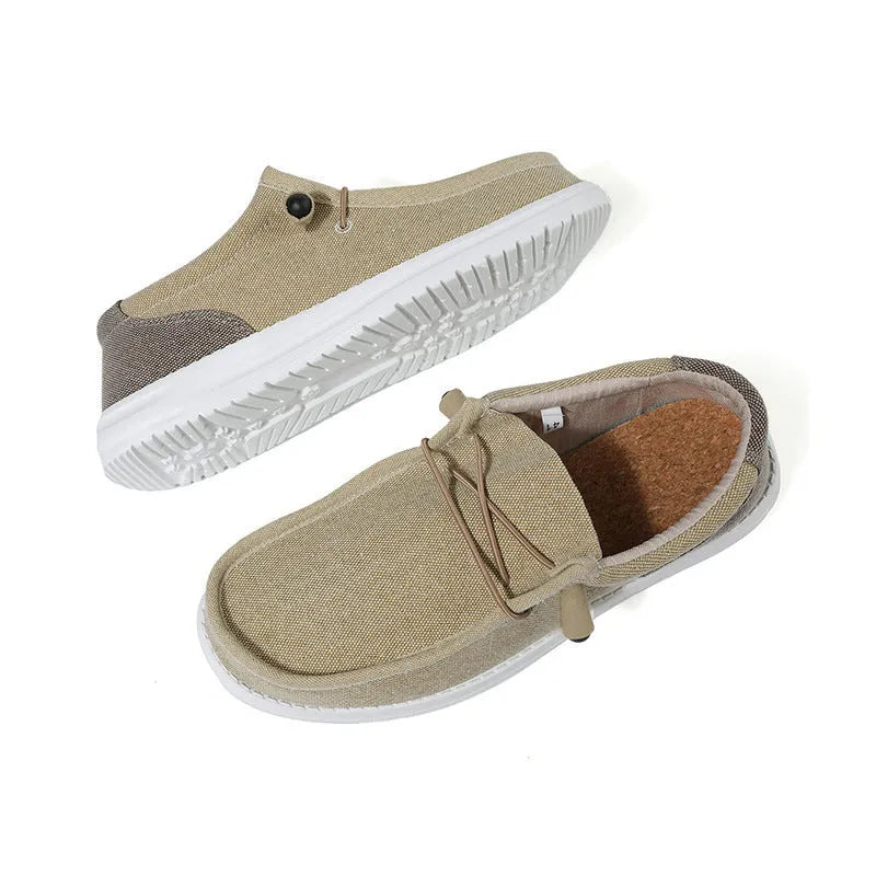 Men's casual canvas shoes in green or orange with mosaic splicing design and rubber soles