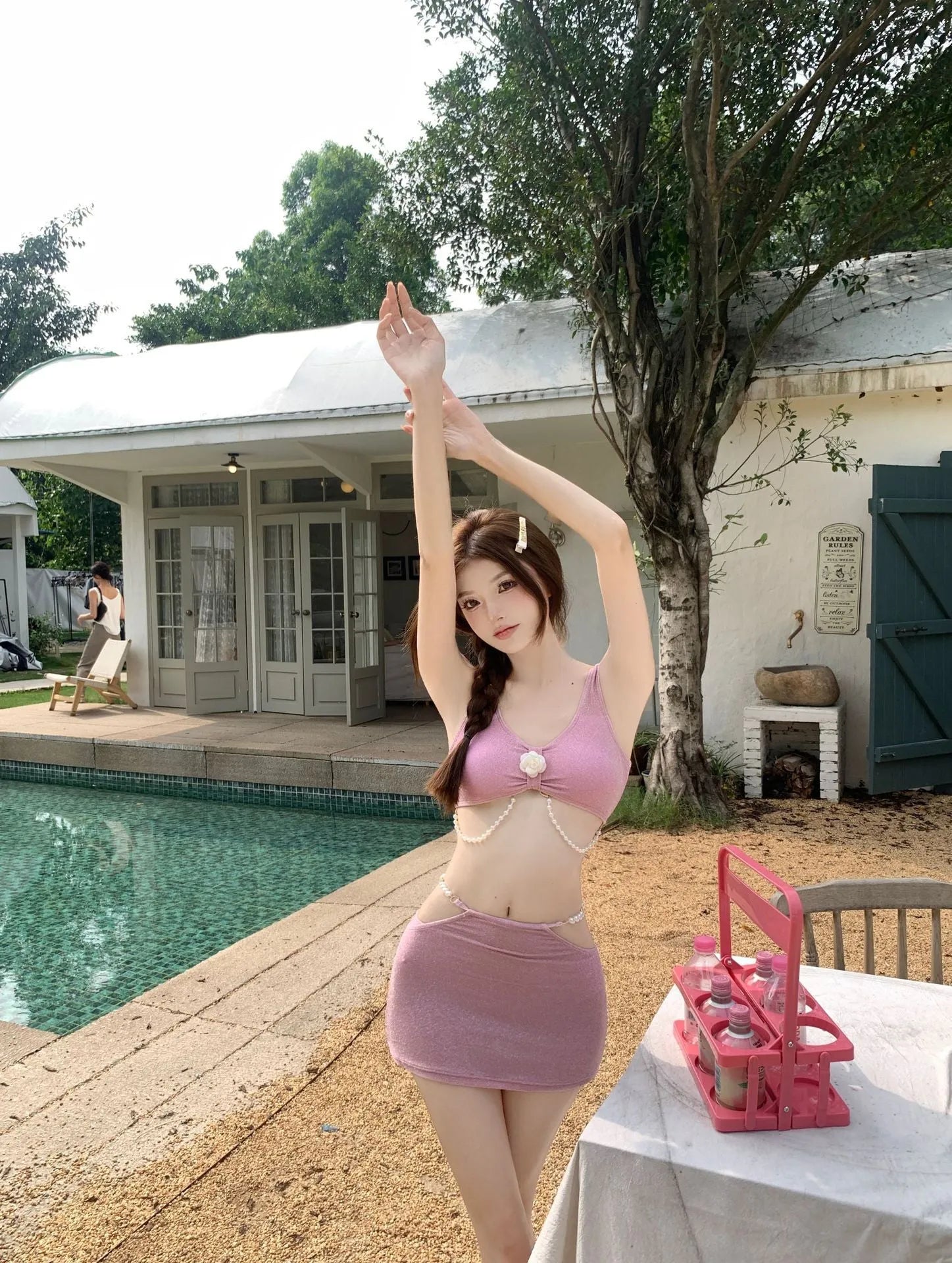 Women's black or pink three-piece polyester bikini for swimming sports