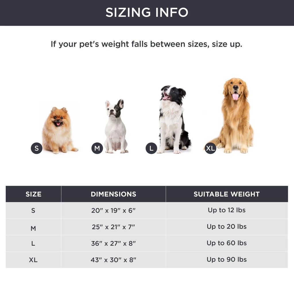 Beige raised cushion pet bed for a medium-sized dog on a wooden floor.