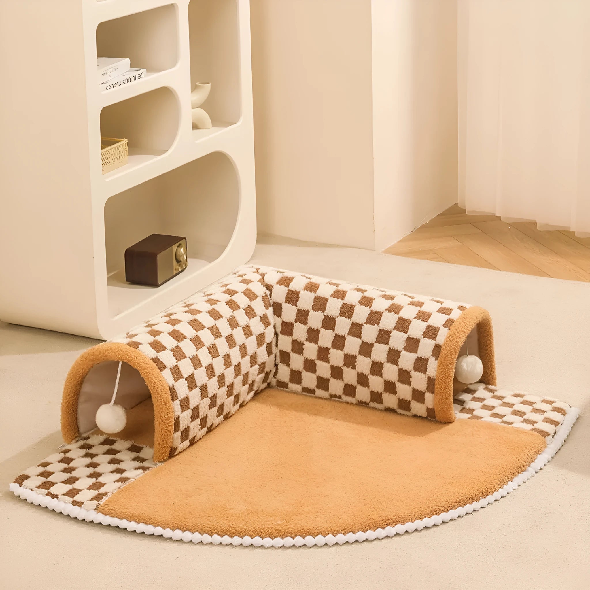 XL plush dog and cat bed with an attached tunnel in a plaid design, showing coffee colour and granular anti-slip bottom.