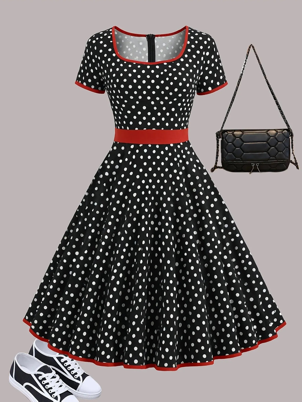Multicolour polka dot midi dress with a structured square neckline and a front metal zipper closure.