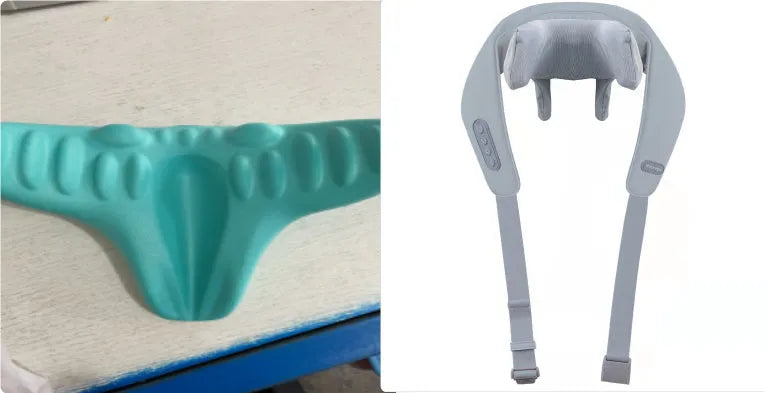 Grey elastic fabric USB rechargeable neck and back massager with infrared function.