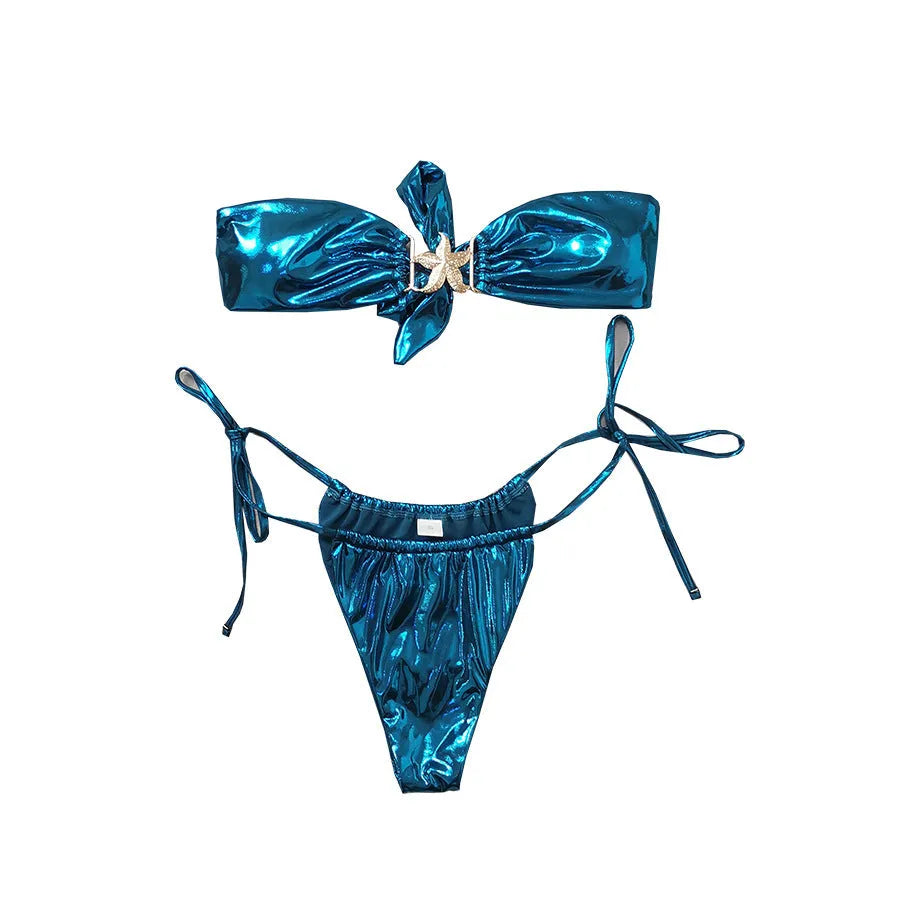 Women's glossy blue bikini set with gold starfish print, long sleeve tube top and split briefs.