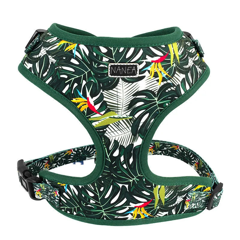 Adjustable cloth dog harness and leash six-piece set showing vest, collar, bow tie, scarf, waste bag, and leash in a gift package.