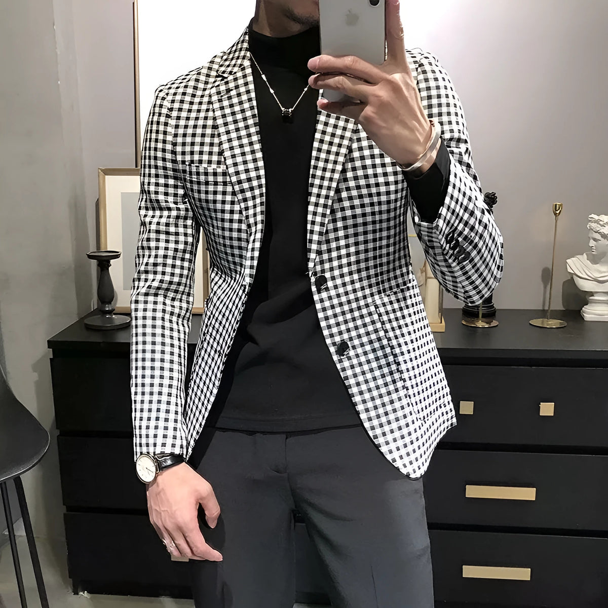Black and white plaid casual slim-fit jacket for youth, cotton blend, regular length, sizes M to 2XL