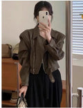 Women's brown retro leather coat jacket with slim fit, regular sleeves, and practical pockets