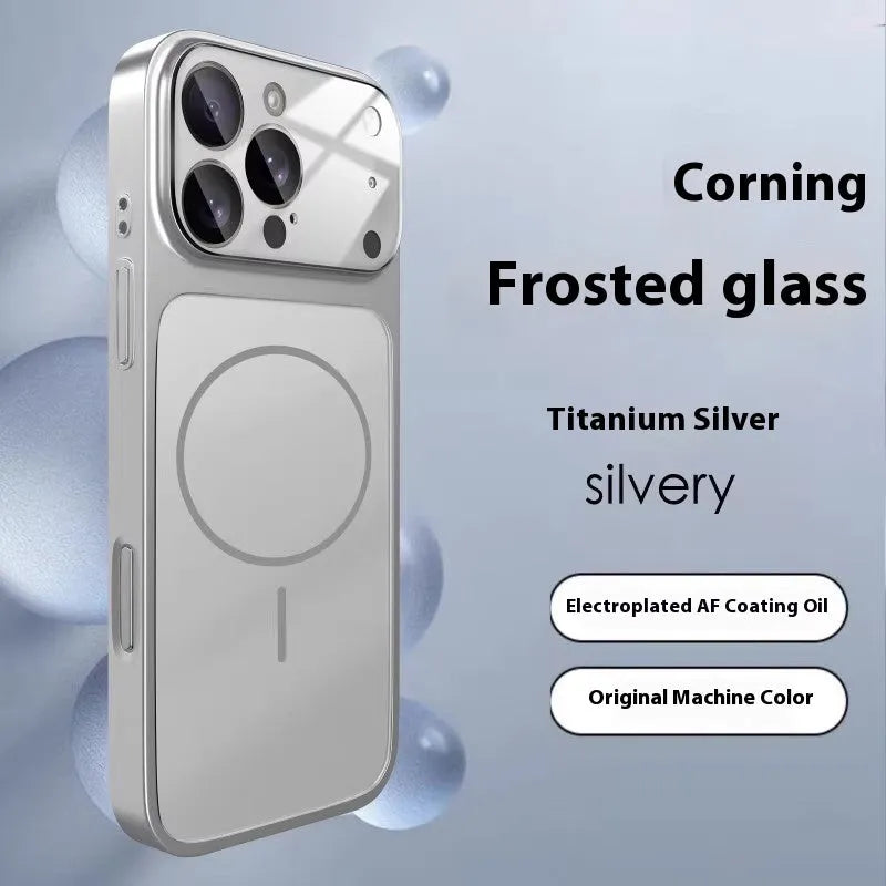 Frosted tempered glass magnetic phone case for iPhone, shown in titanium grey colour.