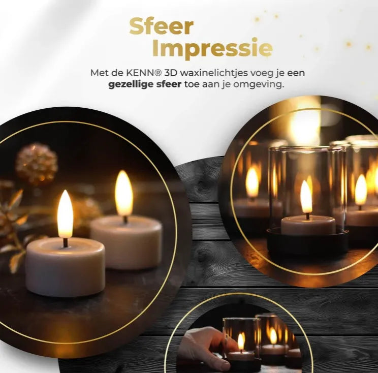 Pack of 10 taupe-coloured LED tealight candles showing 3D flickering flame effect.