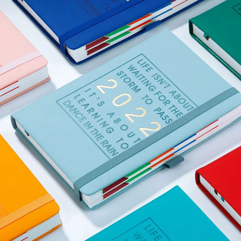 A5 imitation leather notebook with French fold binding and 100gsm paper, shown in a choice of eight cover colours