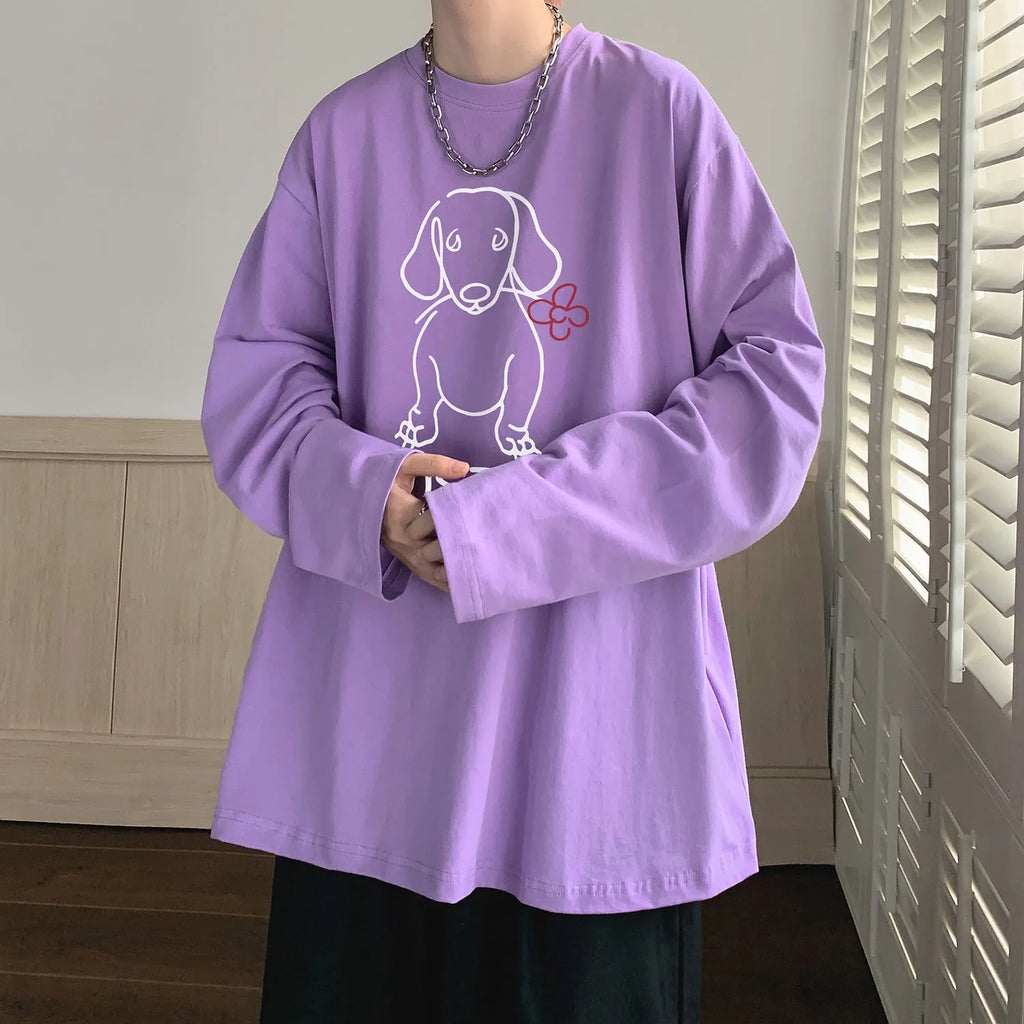 Cotton long sleeve T-shirt with cartoon puppy print, loose fit, in lake blue colour