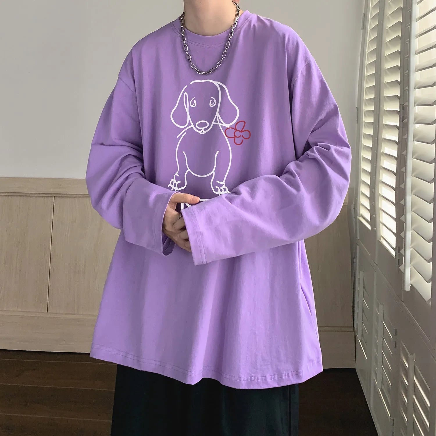 Cotton long sleeve T-shirt with cartoon puppy print, loose fit, in lake blue colour