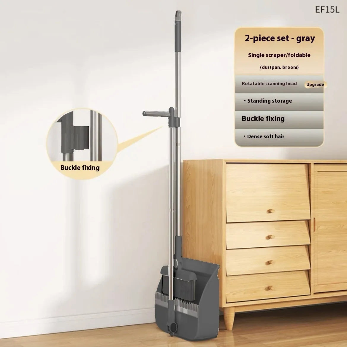 Household folding broom combo suit with dustpan in PP PET material, available in Blue, Orange, Black, or Grey