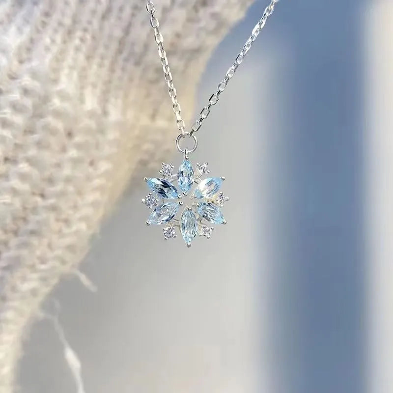 Sky blue snowflake pendant necklace with rhinestones on alloy chain