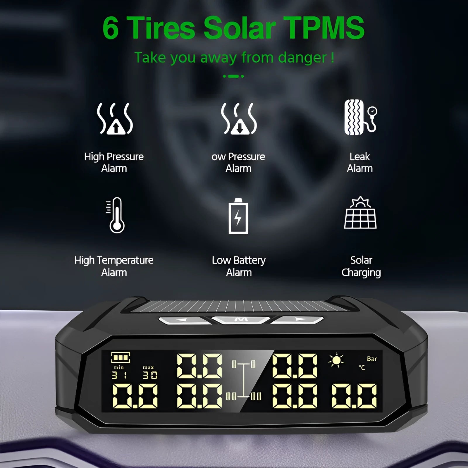 Solar-powered external tyre pressure monitor display unit with colour LCD screen for 6-tire trucks.