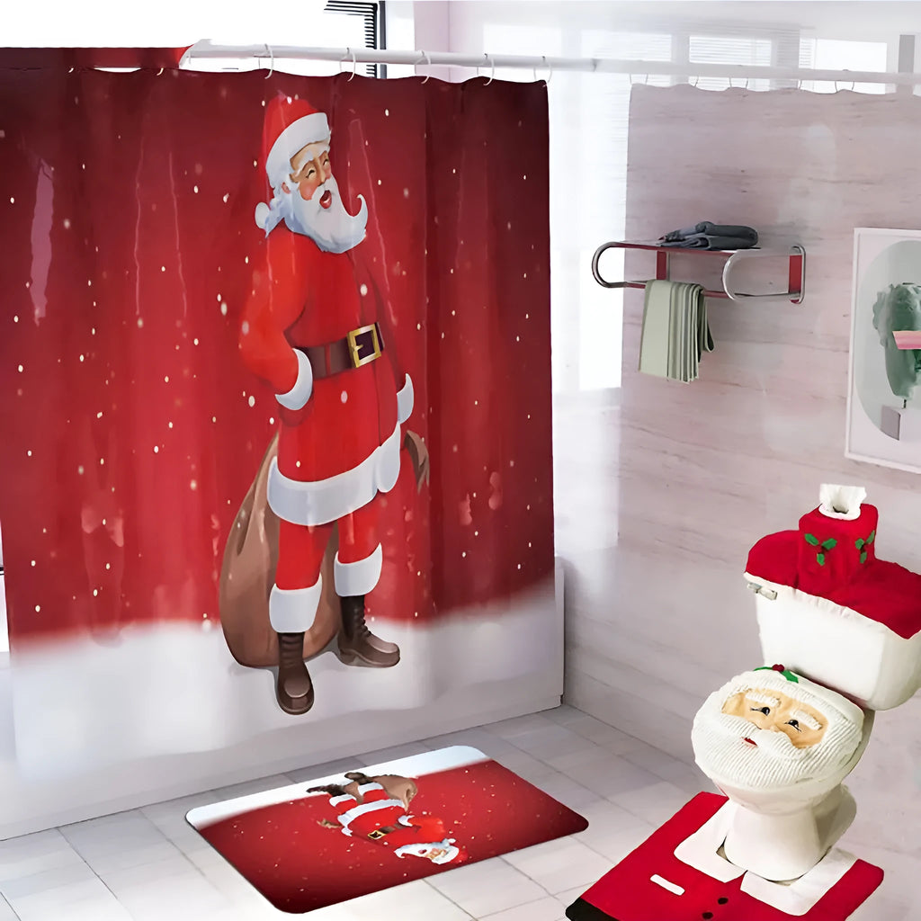 Christmas bathroom decoration set with Santa Claus shower curtain, toilet cover, and non-slip flannel floor mat