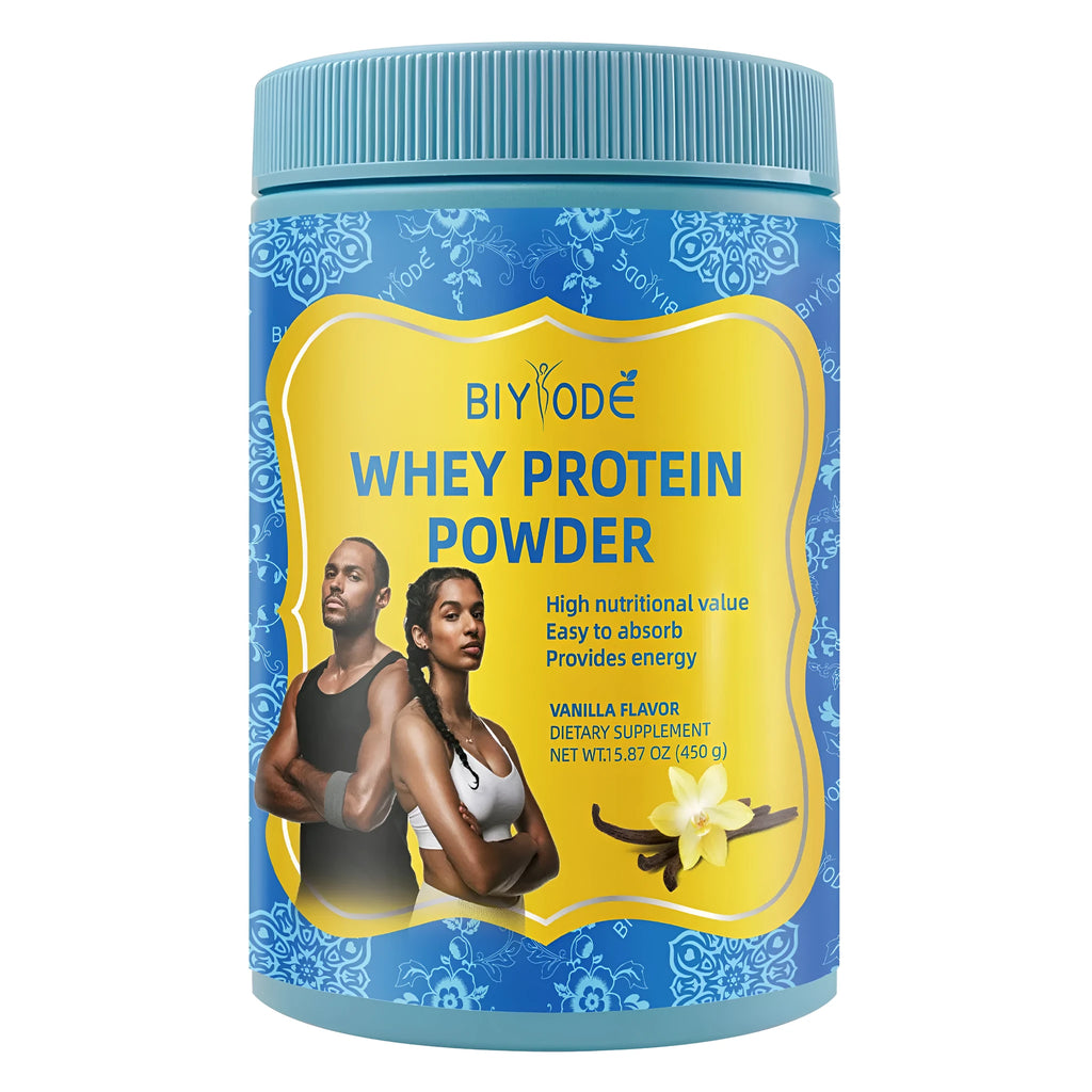 Bottle of Jiabeikang whey protein powder supplement 450g with custom label