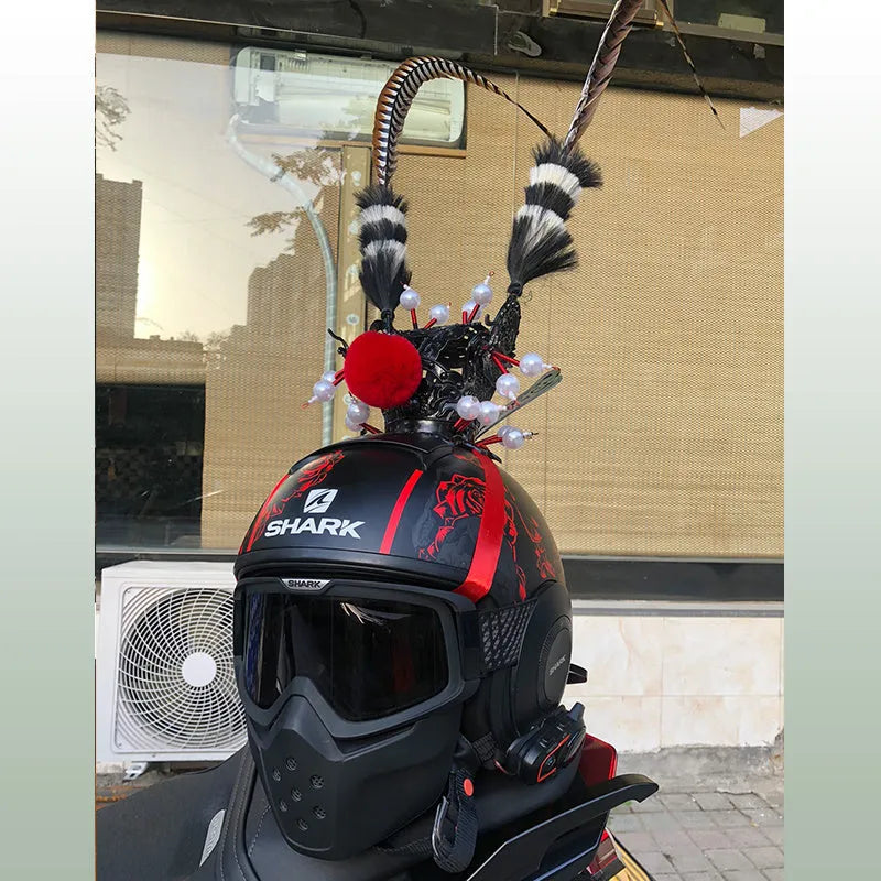 Zijin gold crown and long black feather motorcycle helmet decoration with adhesive backing