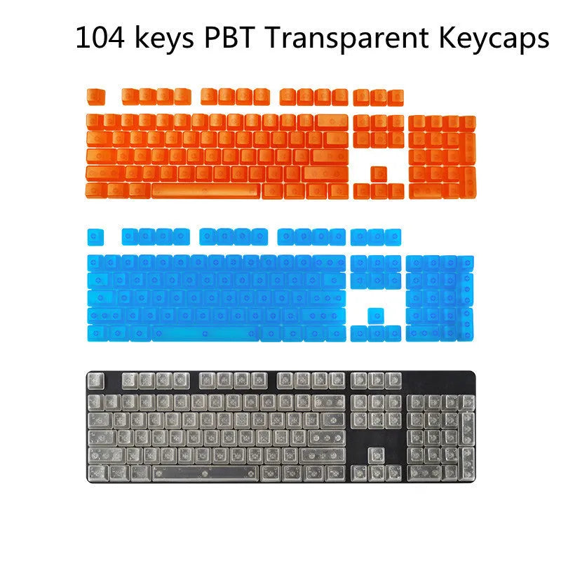 Set of 104 transparent PBT mechanical keyboard keycaps in orange, white, blue, and black colours on a white background.
