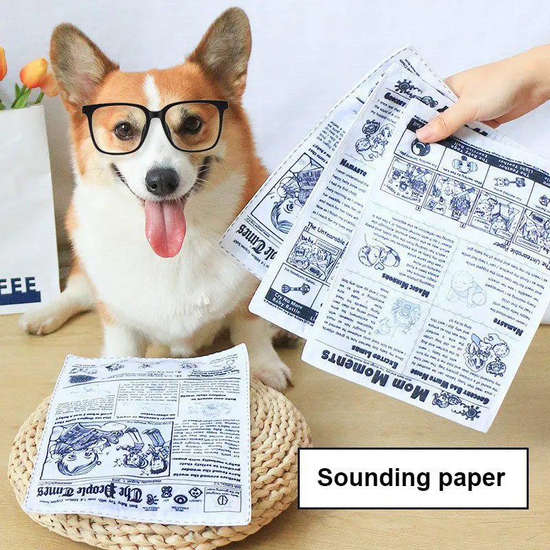 Tearproof dog toy with squeaker in newspaper or playing card designs for corgi and teddy puppies