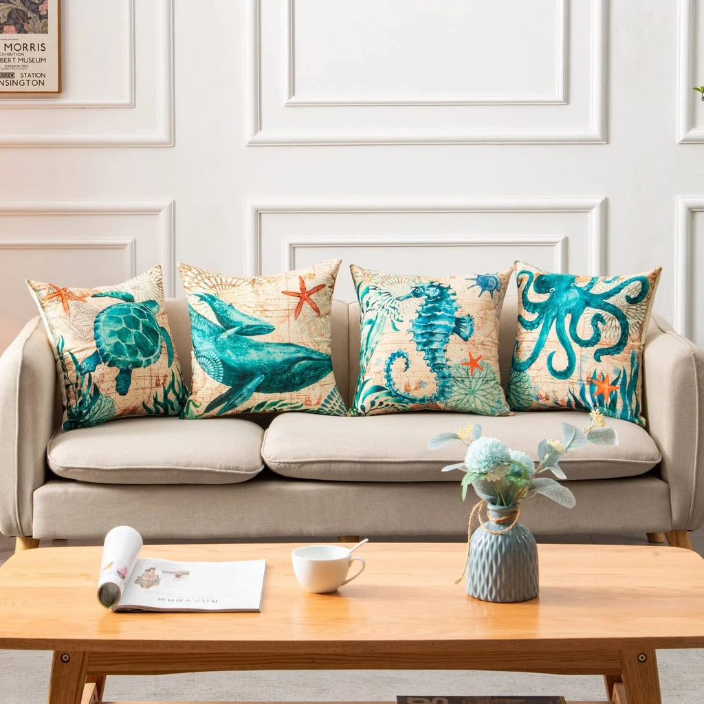 Square linen cushion cover with a colourful high-definition sea turtle print, showing the invisible zipper.