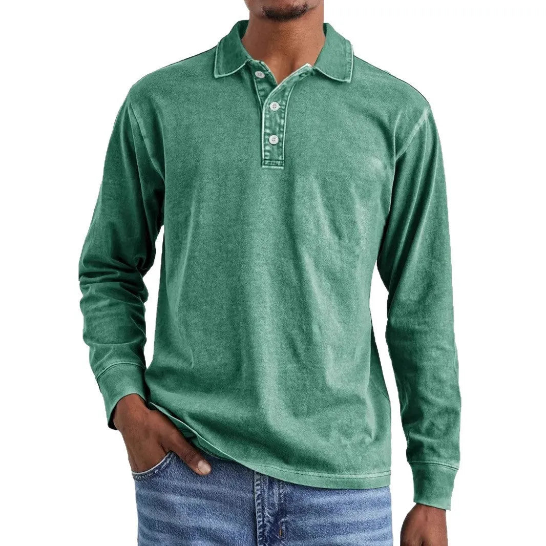 Retro washed distressed pure cotton men's long sleeve polo shirt with a lapel collar.