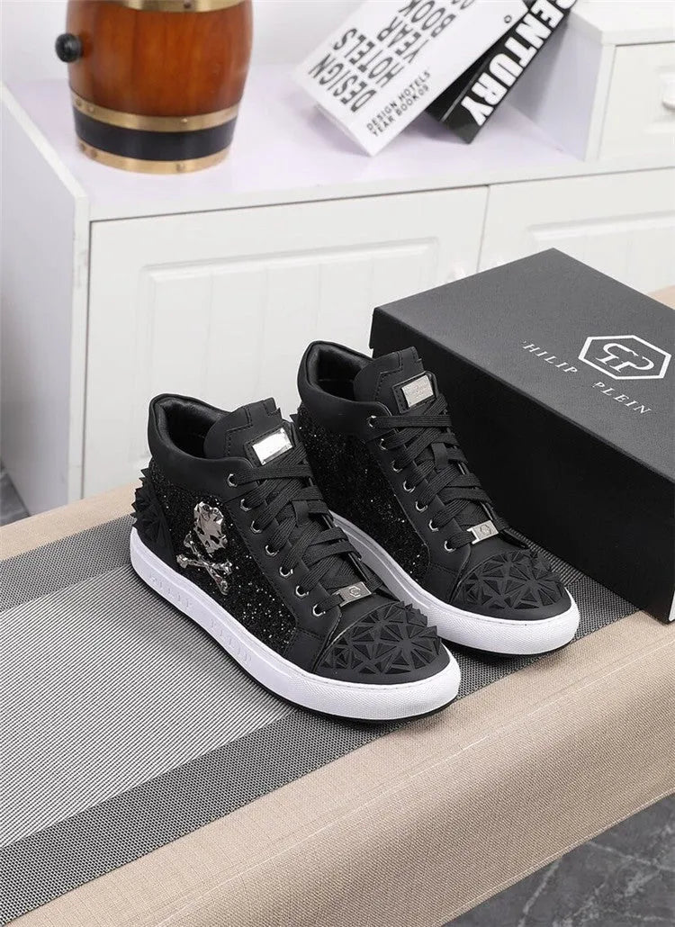 Men's black genuine leather high top skeleton shoes with lace-up front and rubber sole.