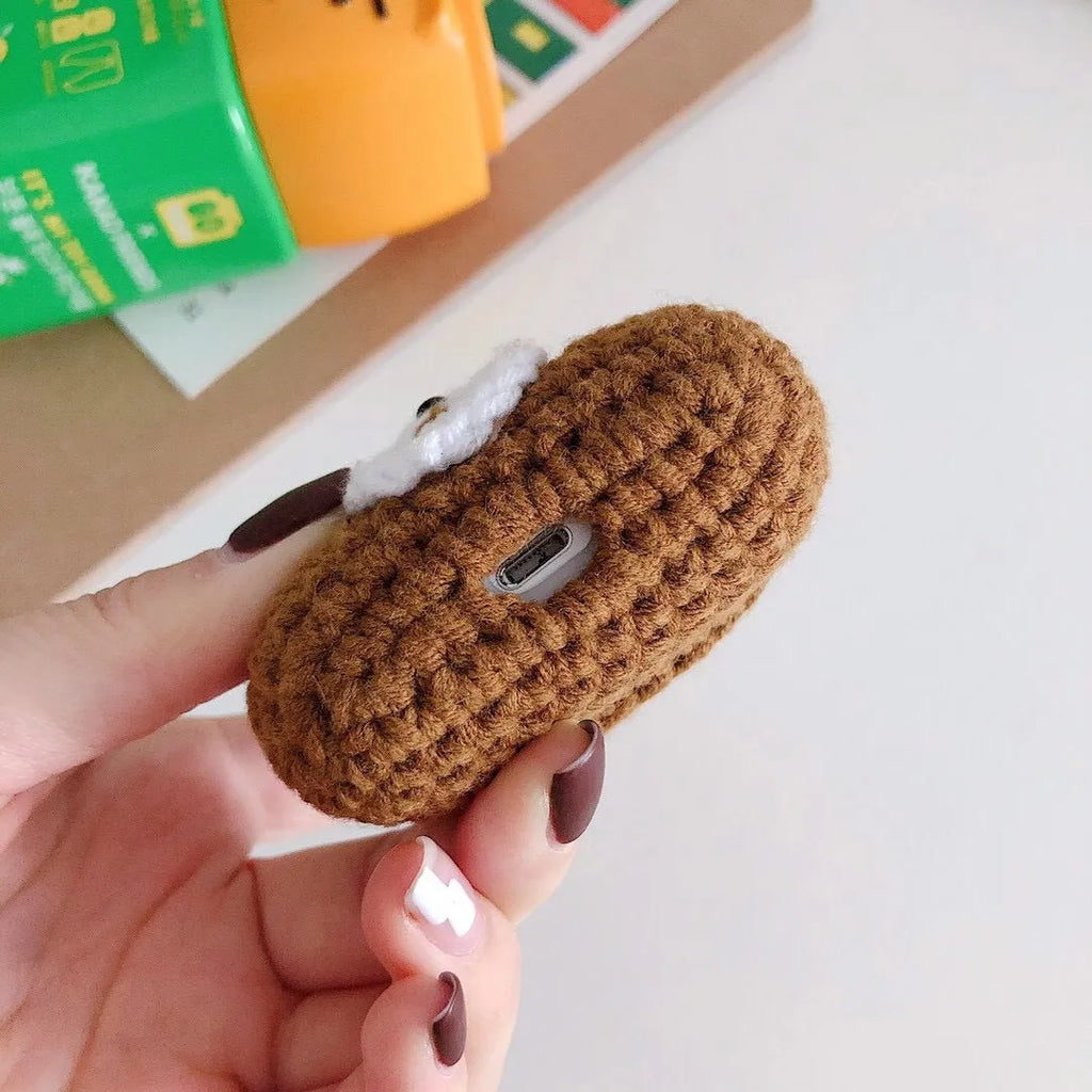 Plush brown bear flip-style Bluetooth headset case for AirPods 1 2 3 and Pro soft knit material