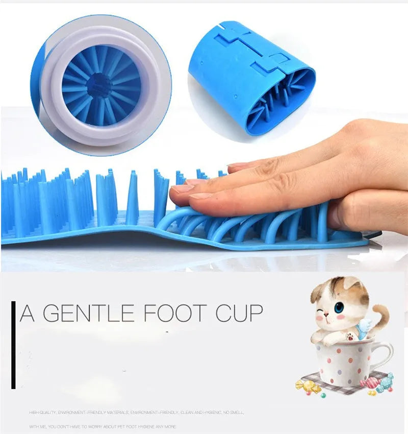 Silicone dog paw cleaner cup with soft bristles, available in blue, green, and pink, sizes M and S