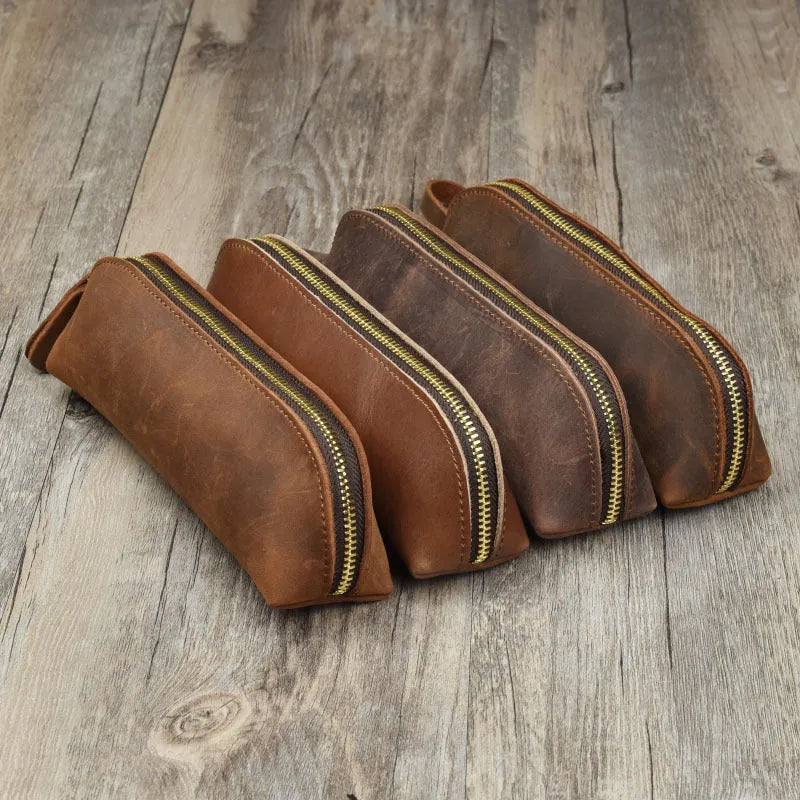 Handmade genuine leather pencil case in square design with zipper closure
