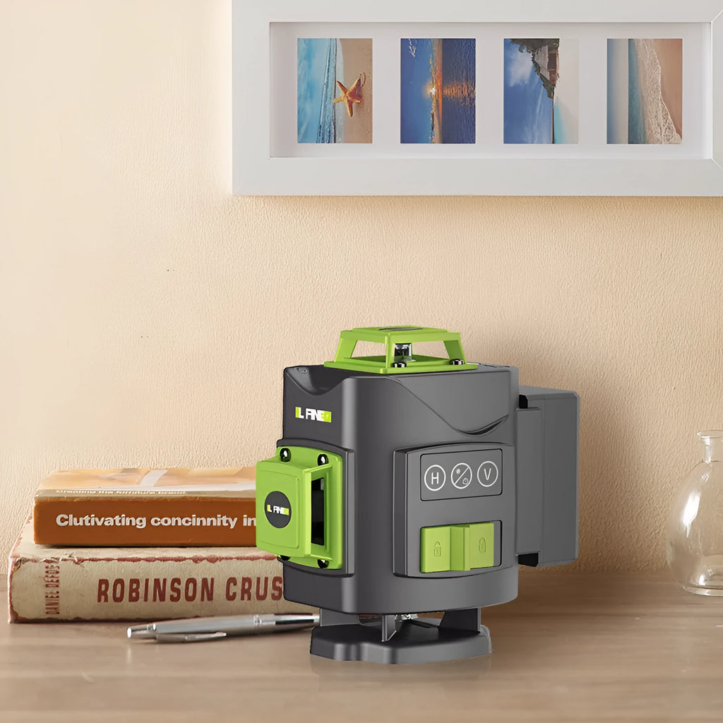Green 16-line laser level tool showing 360° beam projection on walls.