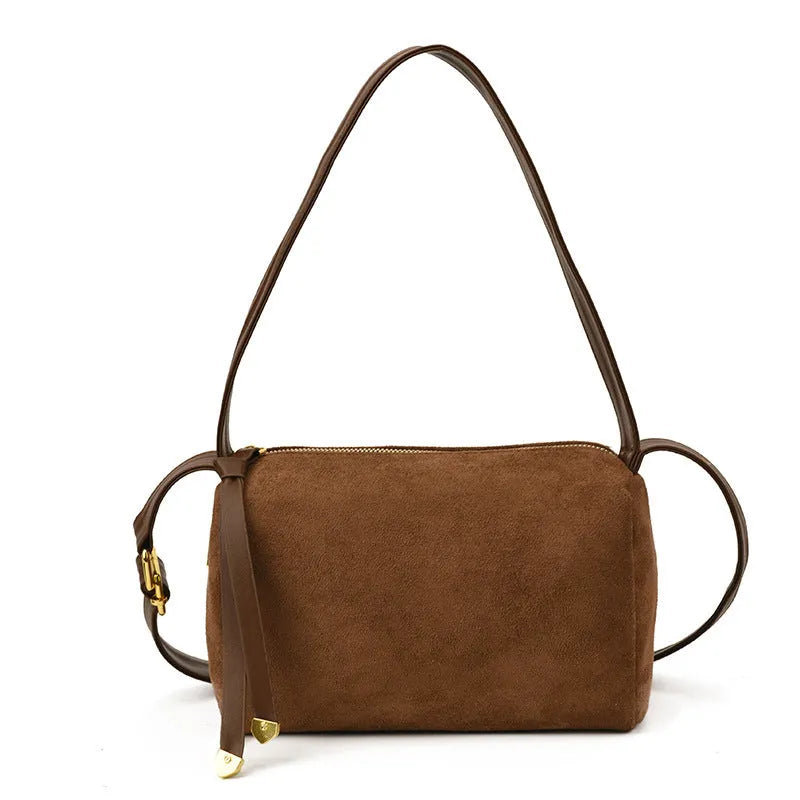 Women's vintage suede PU underarm bag with stitching, clamshell design, in black brown coffee and khaki colours