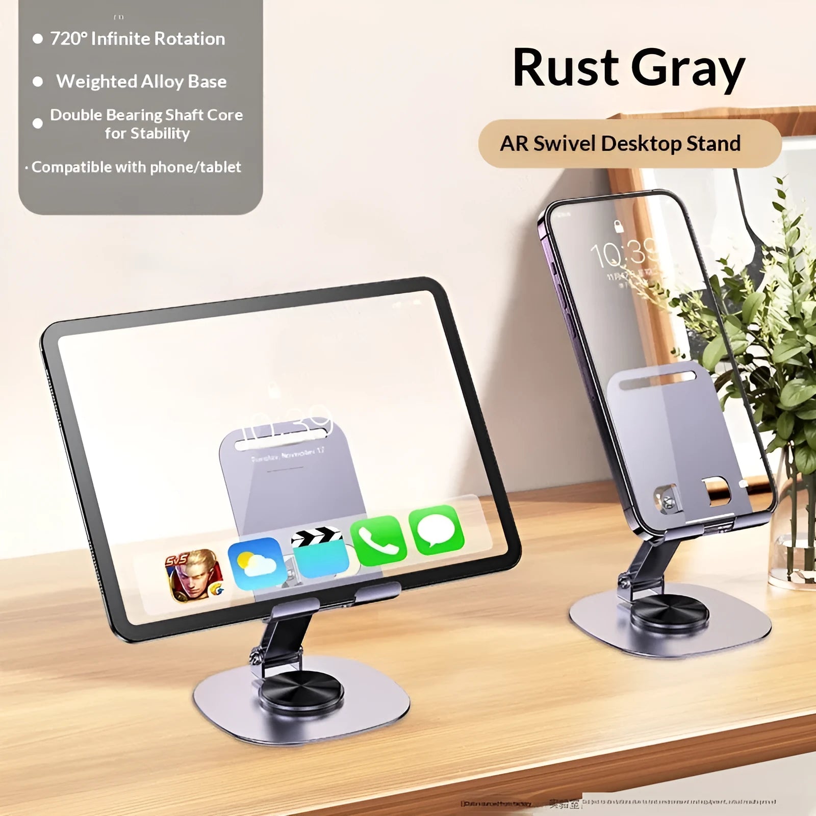 Desktop folding aluminium alloy phone stand in Gun Gray with upright smartphone