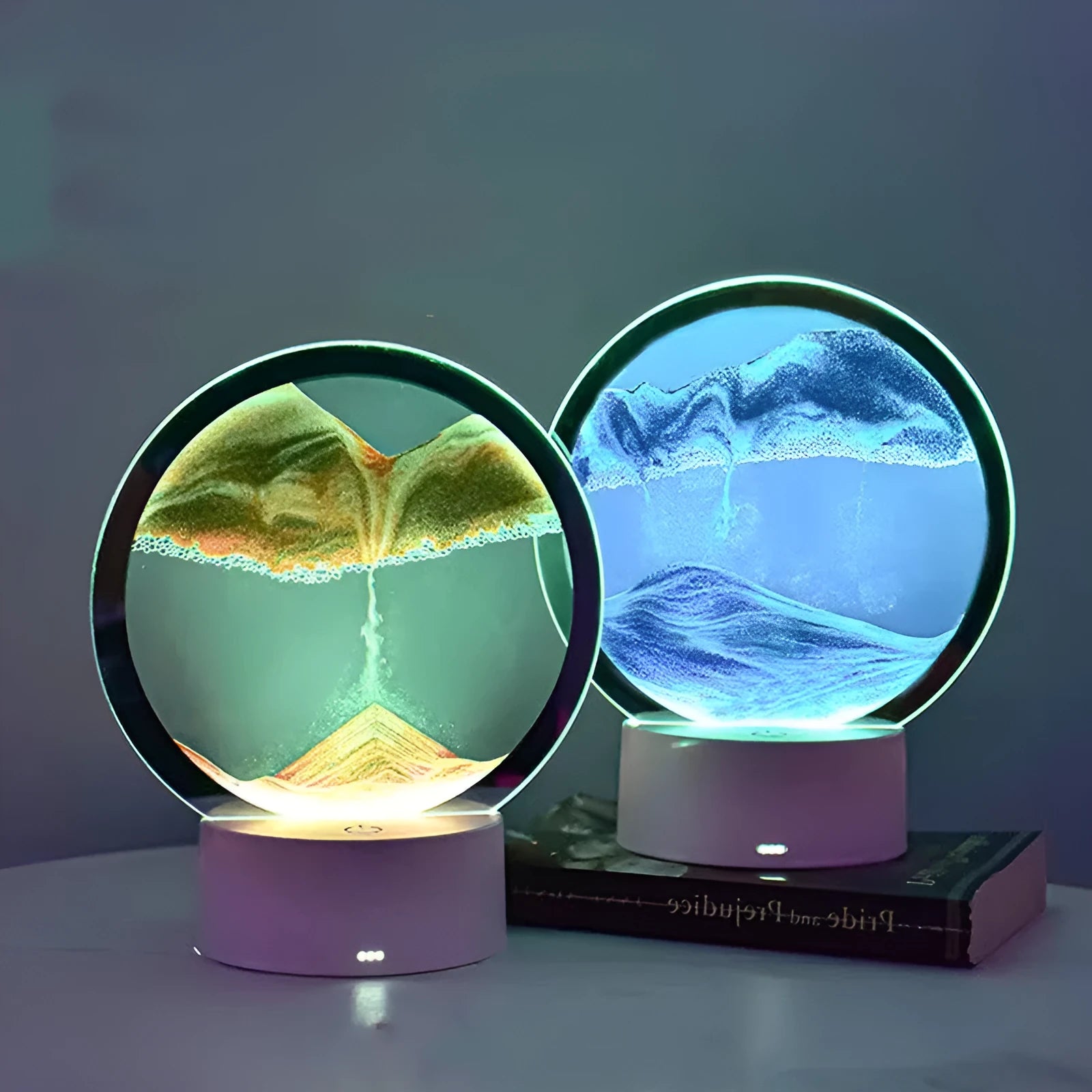 Blue 3D quicksand table lamp with USB cable and touch switch on a wooden surface