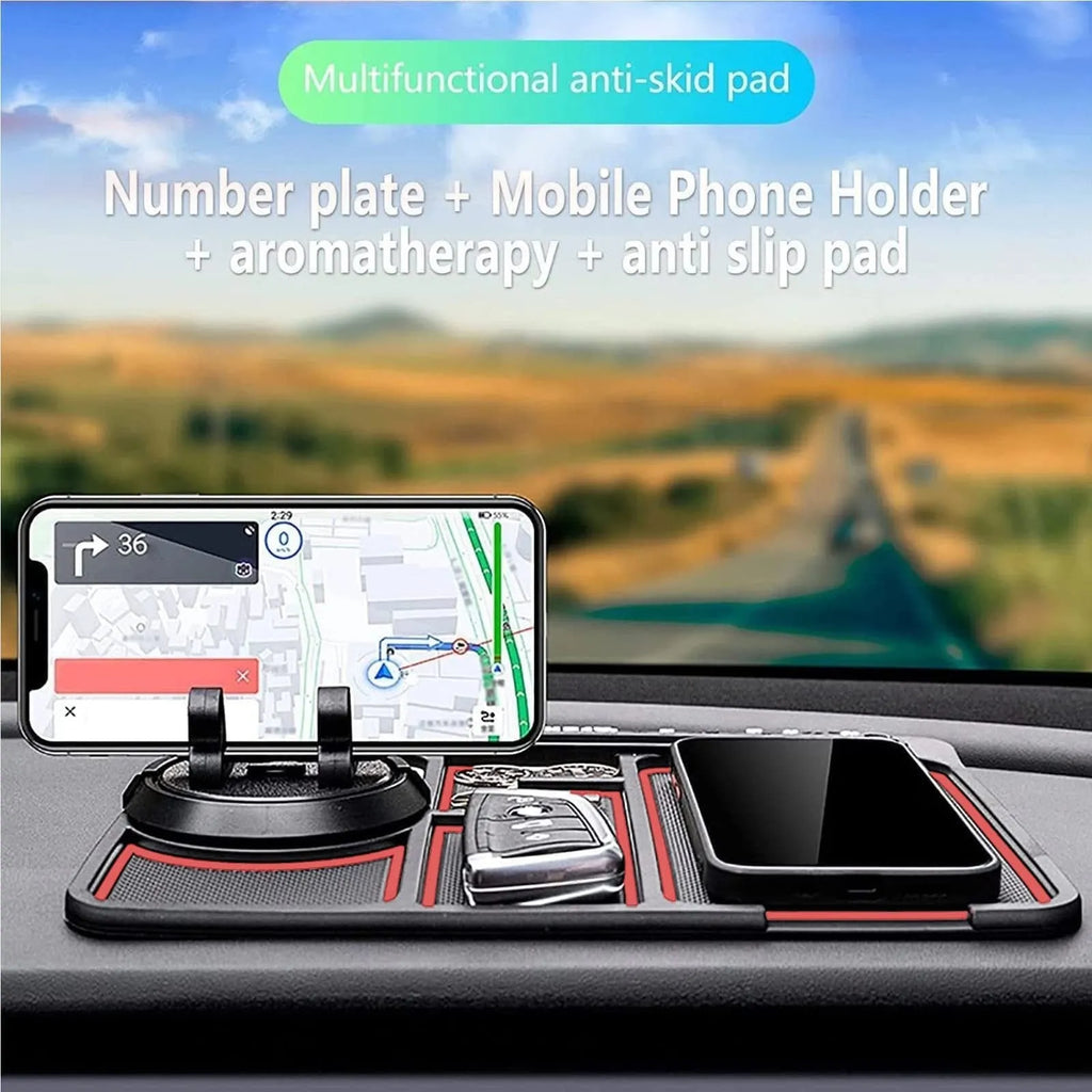 Non-slip car phone pad in black with red edge, showing 4-in-1 functions including phone holder and aromatherapy holes