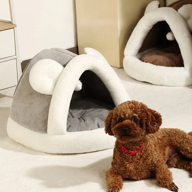 Self-warming fleece pet tent cave bed for cats and small dogs in coffee colour